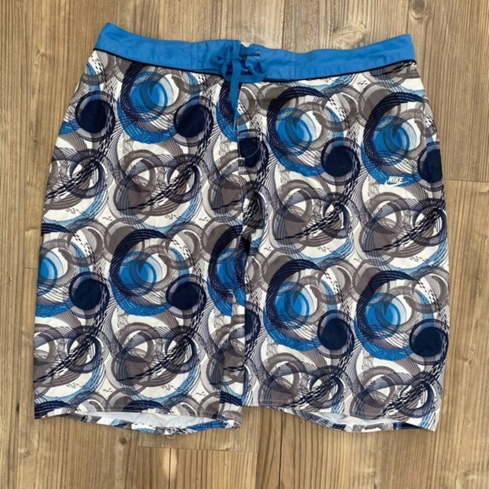 Nike - Y2K Swim Trunks Blue Black Board Shorts Abstract Geometic Lined - Size 36